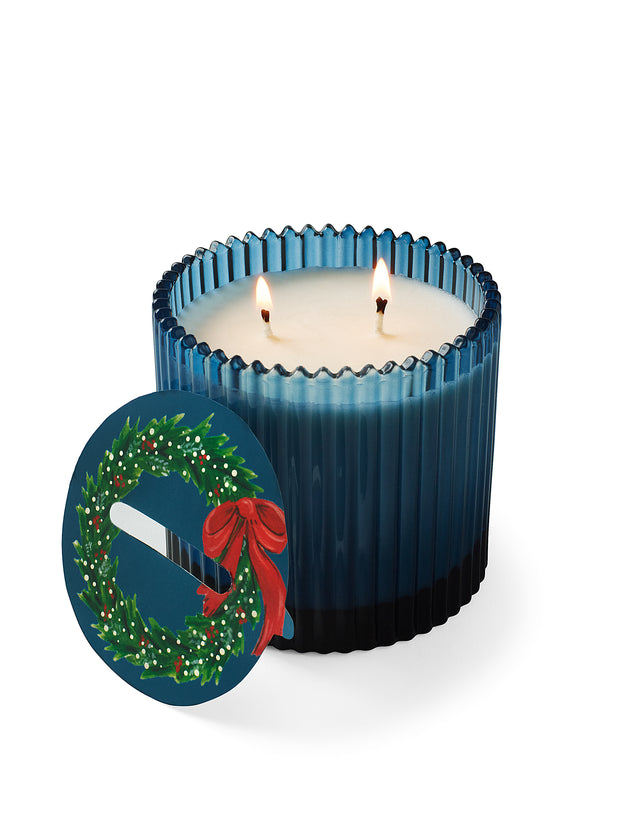 Home for the Holidays Roland Pine 14 oz Blue Two-Wick Ribbed Glass Candle