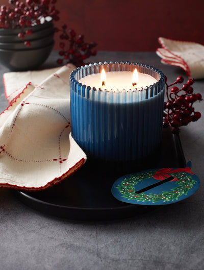 Home for the Holidays Roland Pine 14 oz Blue Two-Wick Ribbed Glass Candle