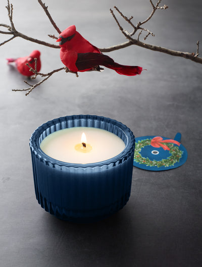 Home for the Holidays Roland Pine 6 oz Blue Single-Wick Ribbed Glass Candle